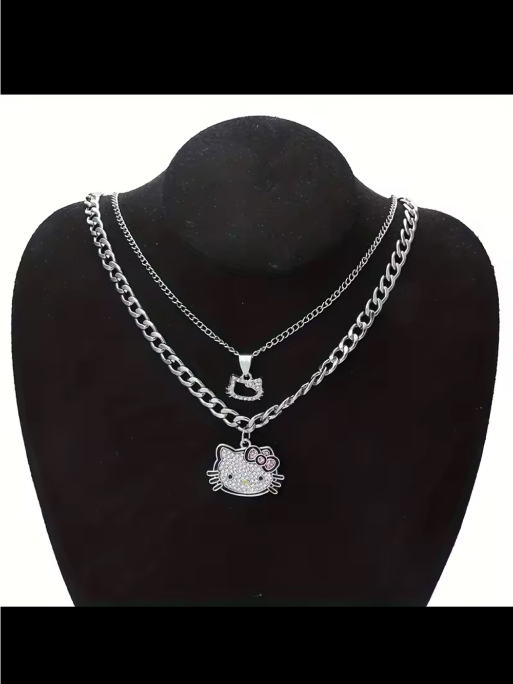 Silver Hello Kitty Pendant Chain Necklace with Pink Bow